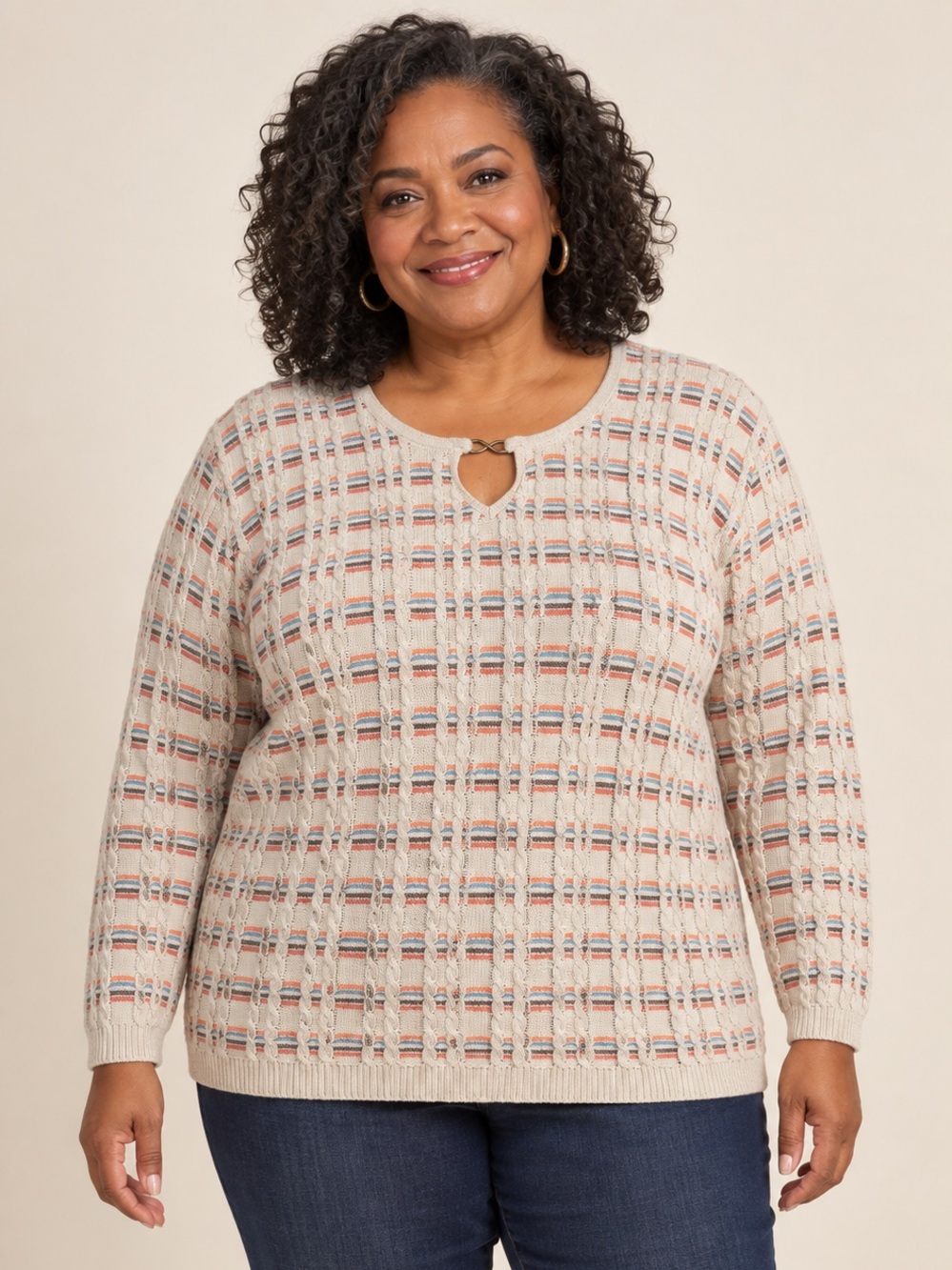 Alfred Dunner Cream Striped Cable Knit Keyhole Sweater Pullover